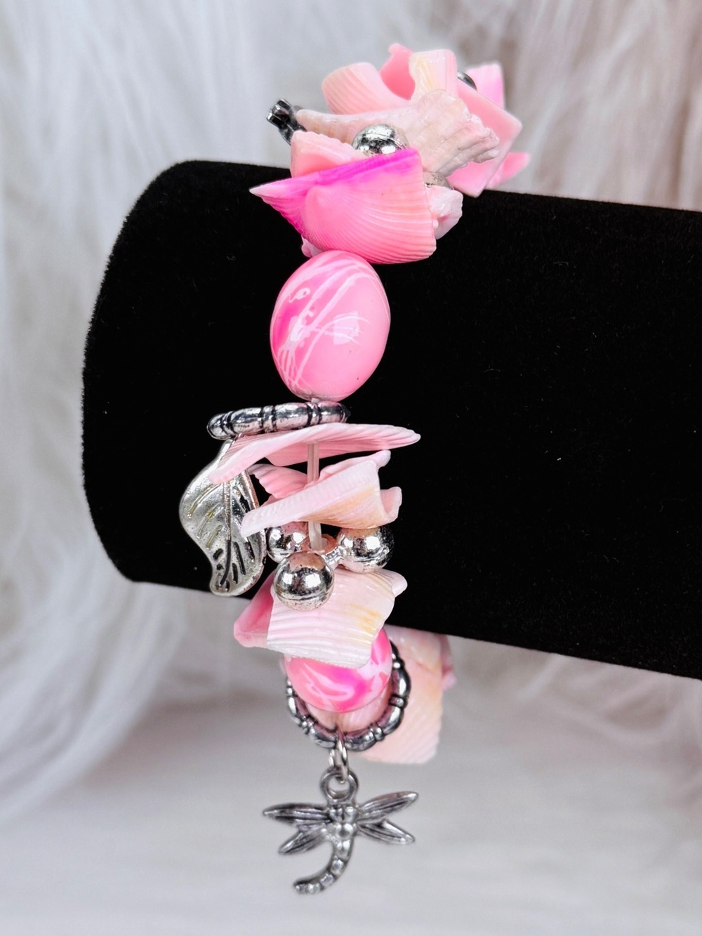 Island beach chic pink and silvertone charm stretch bracelet